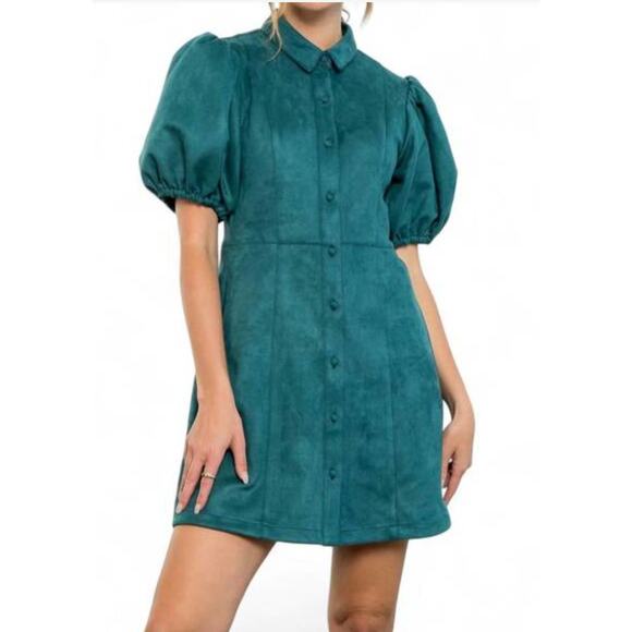 NWT THML Regine Faux Leather Puff Sleeve Shirt Dress Teal Green L Cottage Fall - Picture 1 of 10